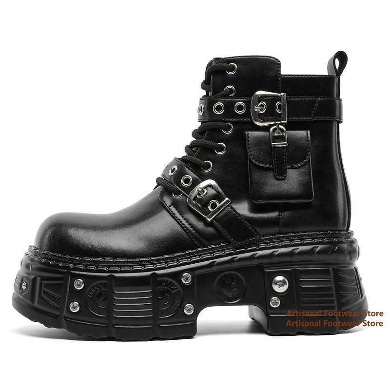 Chelsea Boots Men - ブラックポケット装飾アンクルブーツ リベットバックルストラップ レースアップ プラットフォーム パンク モーターサイクルブーツ