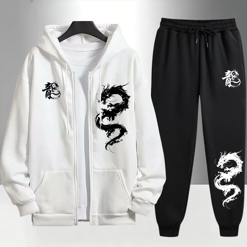 Men'S Fashion Zipper Hoodie - 中国のドラゴンプリントトラックスーツ男性用ジッパーフード付きスウェットシャツと黒のスウェットパンツアーバンカジュアルファッションパーカーアウターウェアセット