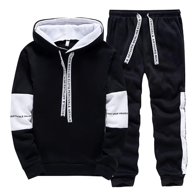 Men'S Fashion Clothing - 黒、白のメンズトラックスーツファッションカジュアルフード付きスウェットシャツアウトドアスポーツジョギング服秋冬シングルパーカーパンツ