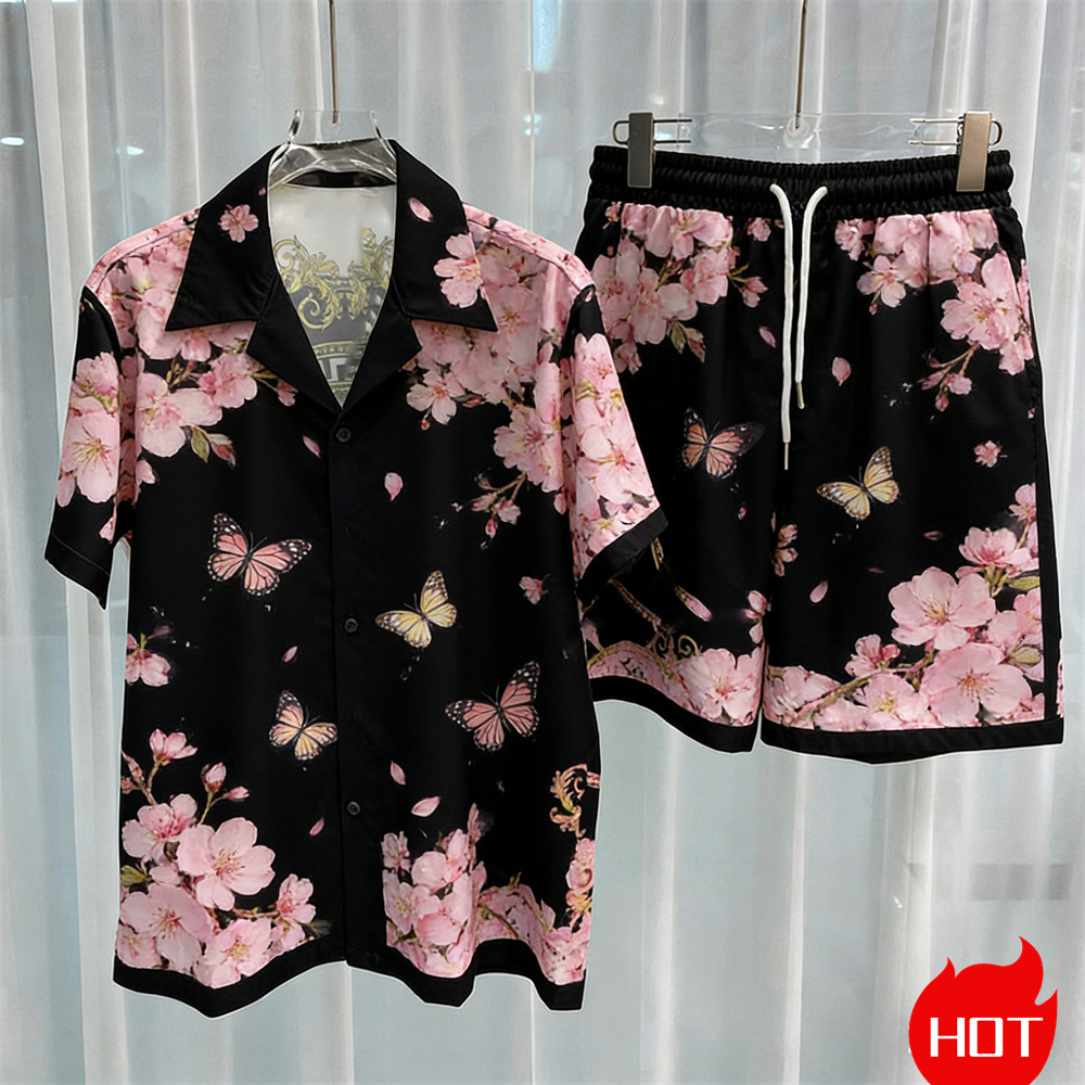 Men'S Fashion Outfits - デジタルプリントメンズセットファッションツーピースショートパンツセット高品質サマー半袖シャツユニセックスy2kシャツセットホームパジャマ