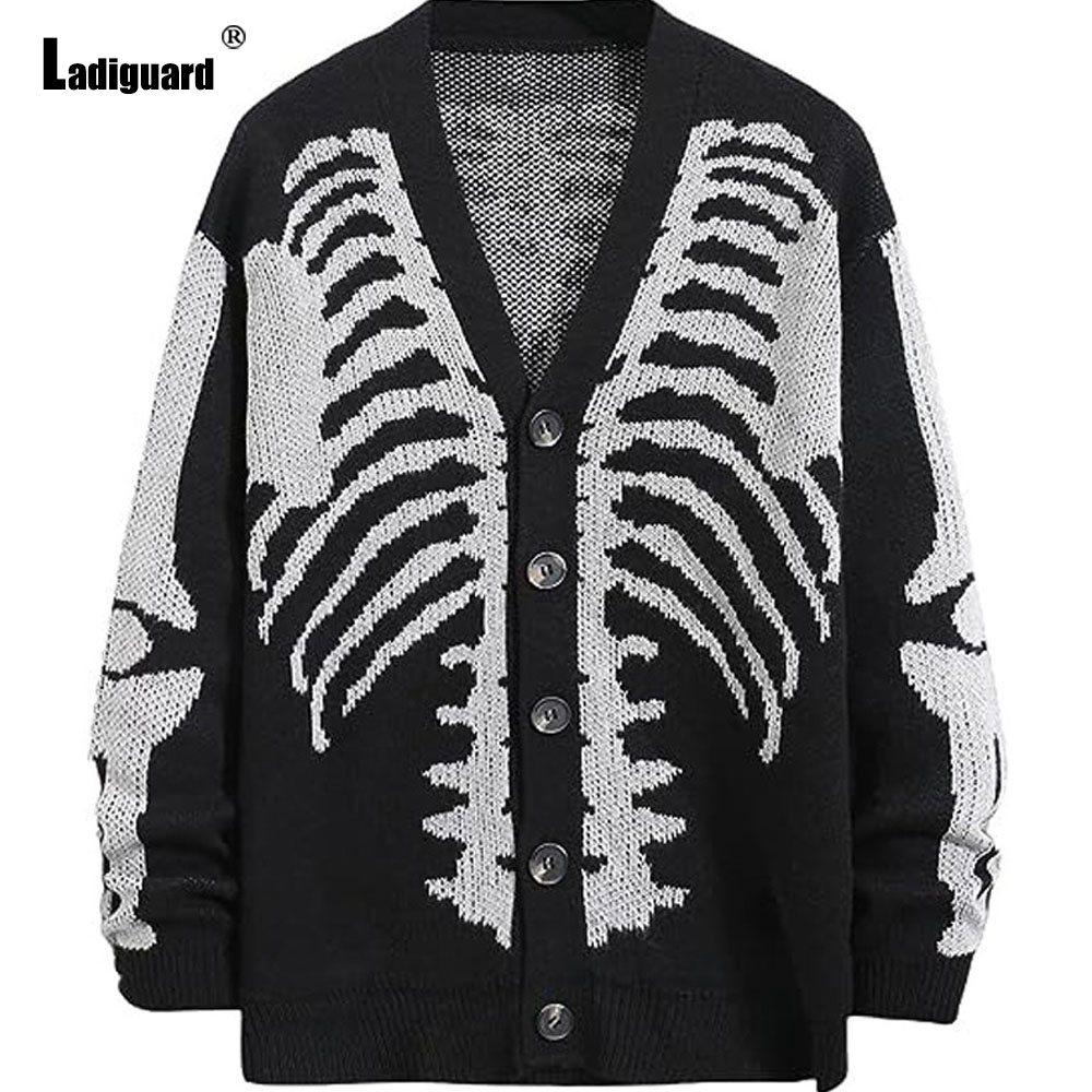 Men'S Fashion V Neck Sweater - ラディガード-メンズニットスカルプリントセーター、ヴィンテージジャンパー、ゴシックファッションカーディガン、Vネックセーター、レトロトップ、ハロウィーン、2023
