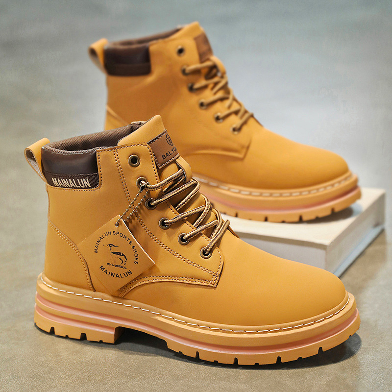 Mens Fashion Week - クラシックメンズハイカットブーツ高品質イエローレザーブーツファッションアウトドアスニーカーメンズレースアップ滑り止めアンクルブーツメンズ