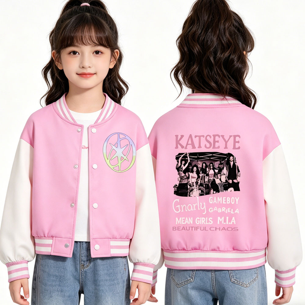 Varsity Jacket Letterman - KATSEYE プリントキッズショートベースボールジャケット春秋クロップドバーシティジャケット女の子男の子用カジュアルストリートウェア