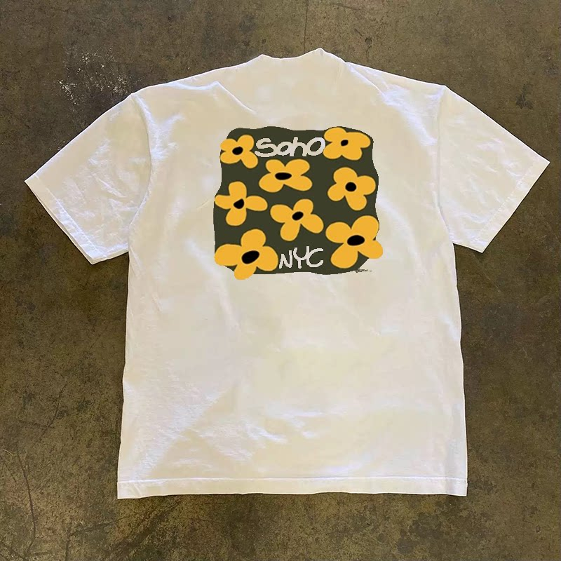 Men'S Fashion Nyc - 2026年新作クールコットンTシャツ、トレンディな黄色い花柄、ソーホーNYCバックグラフィック、ストリートウェアトップ