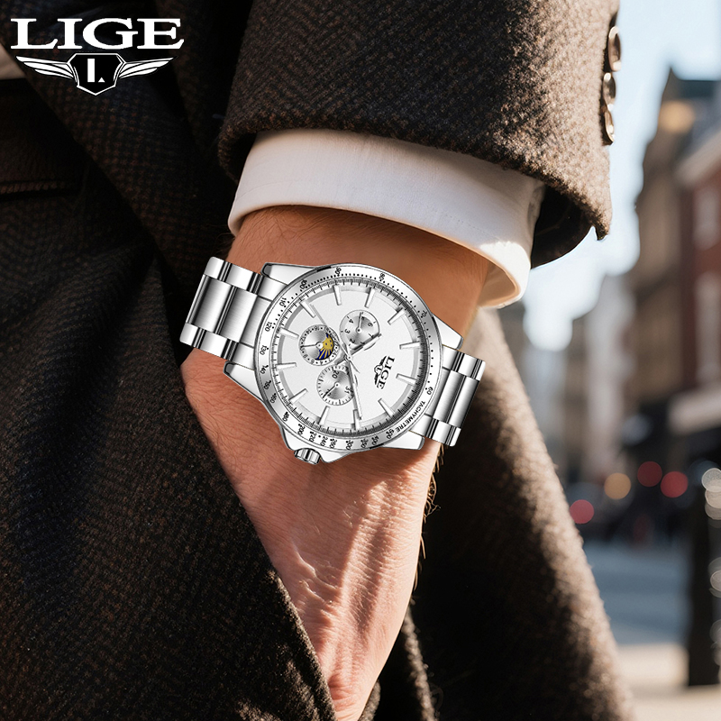 Mens Fashion Week - LIGE トップブランドの高級クォーツメンズ腕時計ファッションビジネスシンプルな防水夜光時計男性用ムーンフェイズ自動日付時計