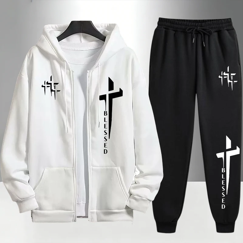 Men'S Fashion Zipper Hoodie - 都会的なカジュアルファッション、フード付きアウターウェアセット、クロスブレスプリントのトラックスーツ（メンズ）、ジッパー付きフード付きスウェットシャツと黒のスウェットパンツ