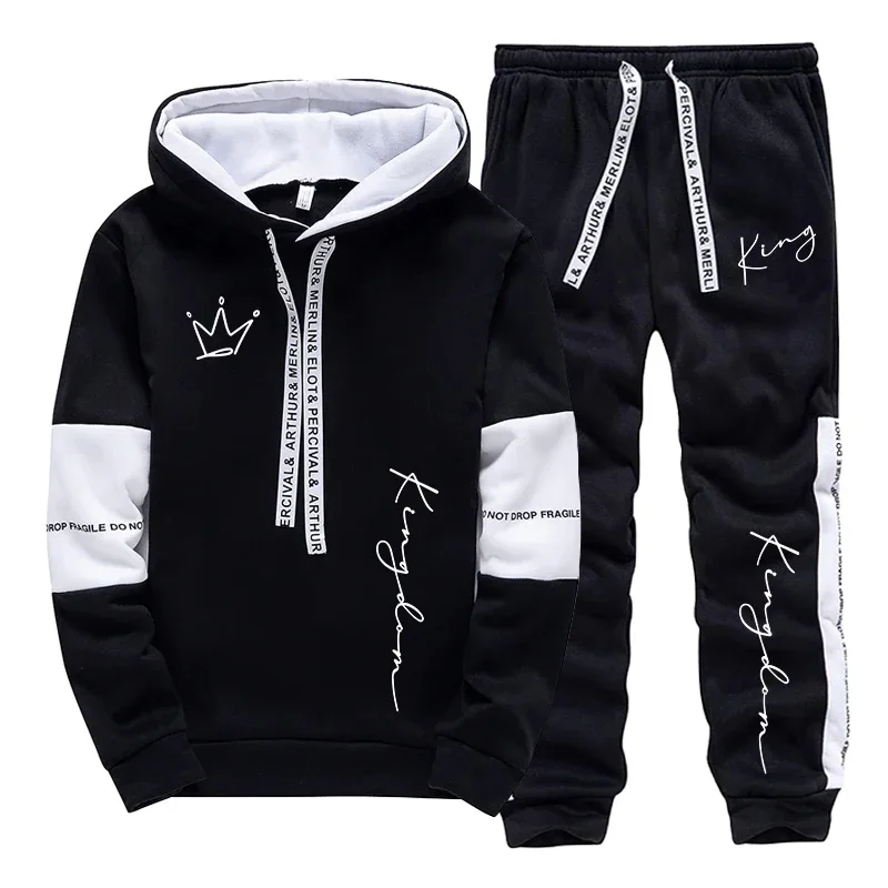 Men'S Fashion Outfits - 都会的なカジュアルファッションスポーツウェア男性用ホームアウトドアトレンドフーディーアウトフィットKINGレタープリントメンズセットフード付きスウェットシャツスウェットパンツ