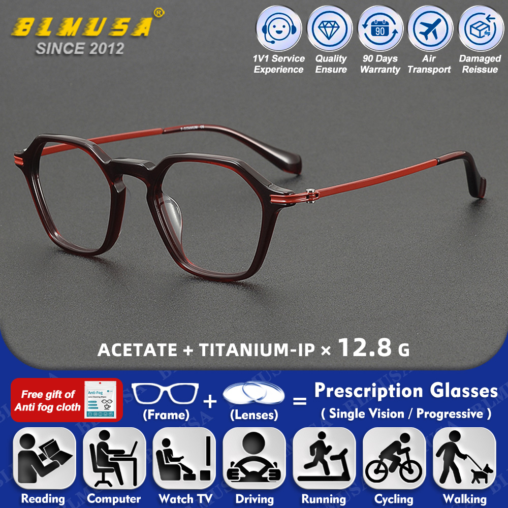 Mens Fashion Reading Glasses - BLMUSA (S) ファッション男性純チタン多角形フレームカスタマイズされた処方メガネレトロ女性抗青色光光学眼鏡