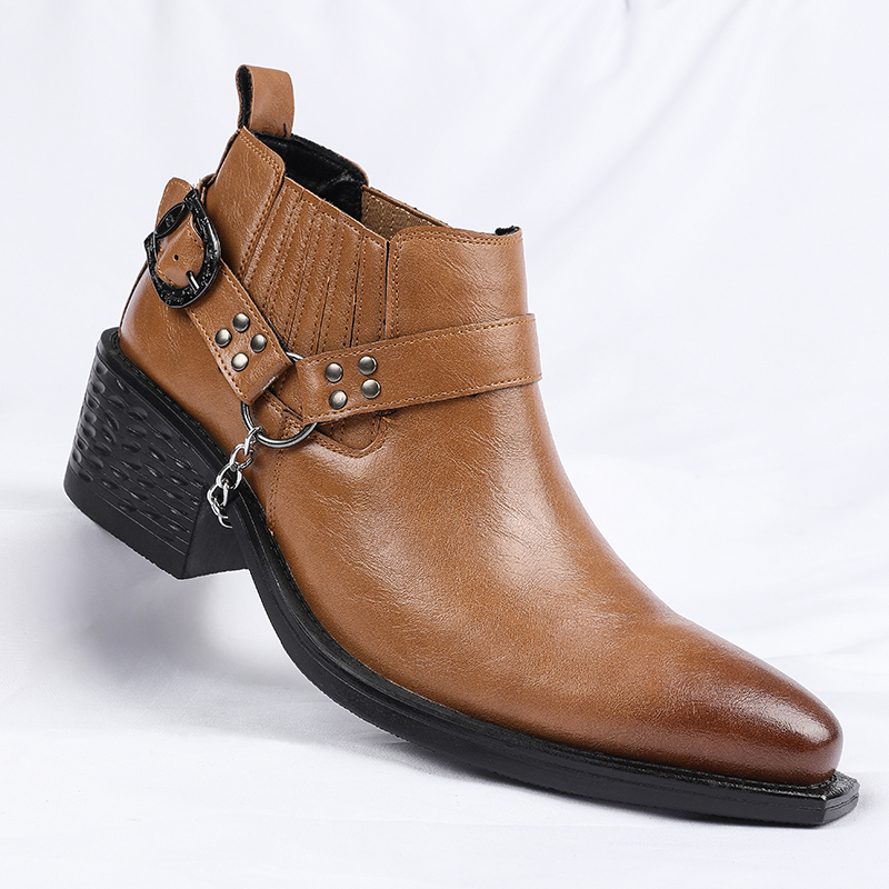 Chelsea Boots Men - 新しいブラウン/ブラック牛革ブーツ金属チェーンデザインメンズブーツハイヒールエレベーターシューズビジネスフォーマル結婚式の靴