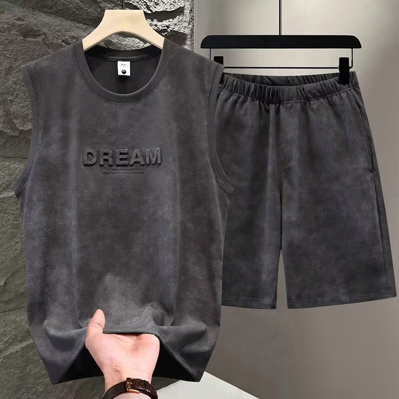 Track Suit Men - 夏用2ピースタイダイベストセット メンズ ツーピース ノースリーブ 薄手フォームプリントTシャツ+ショートパンツセット 韓国ストリートウェアトラックスーツ