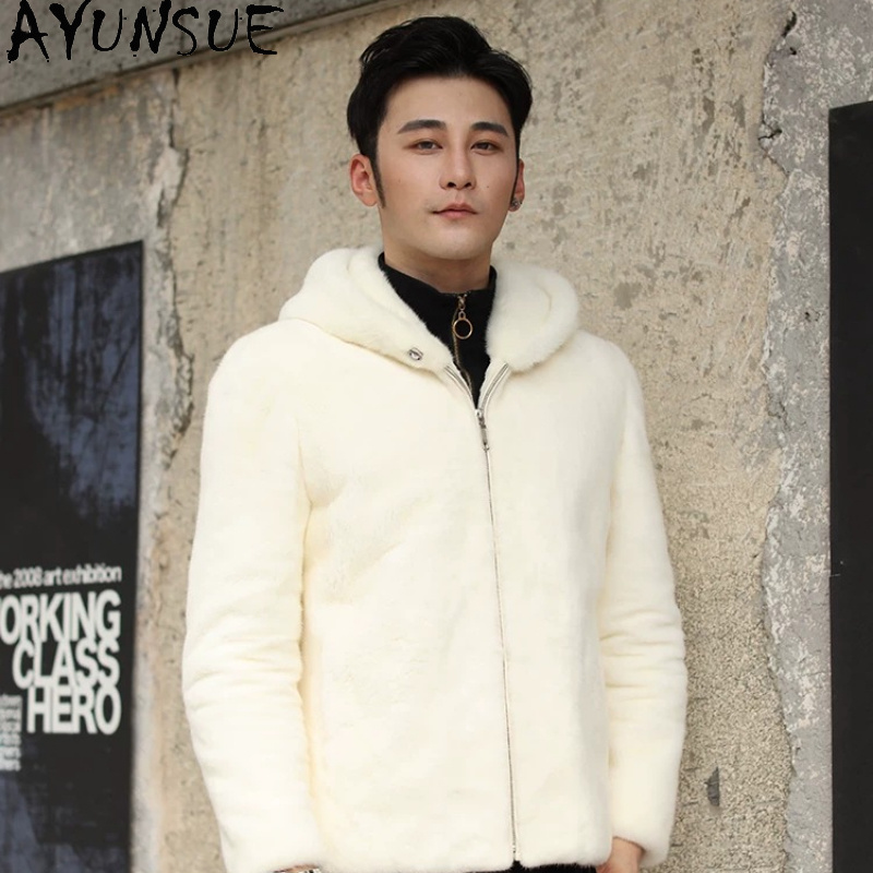Men'S Fashion Zipper Hoodie - AYUSNUE 天然ミンクコート男性高級服ファッション冬ジャケット白鳥ベルベット全体ミンクリアルファーコート男性パーカー暖かい S-6XL