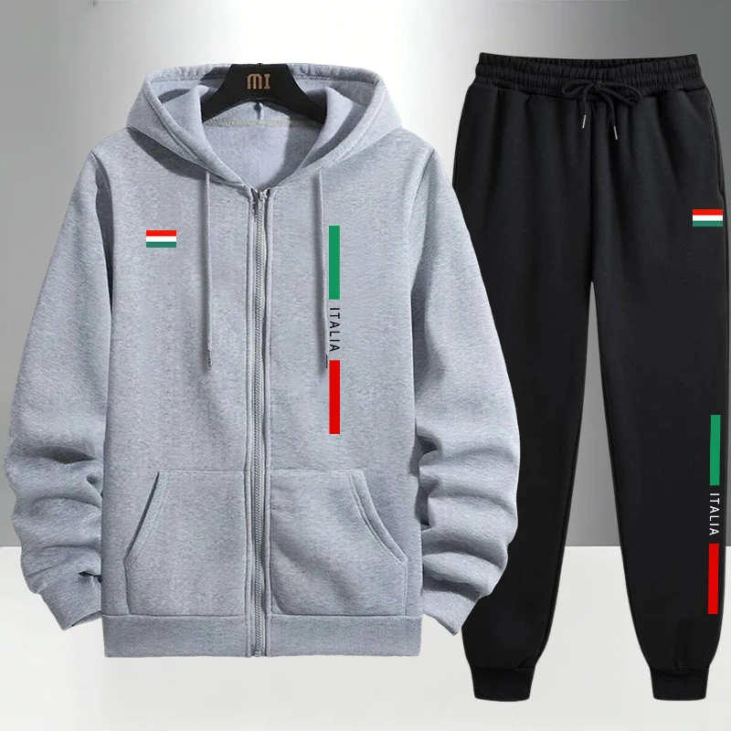 Men'S Fashion Zipper Hoodie - イタリアファッション メンズセット ジッパー付きアウターウェア＆スウェットパンツ 秋冬 デイリーカジュアル スポーツフーディー