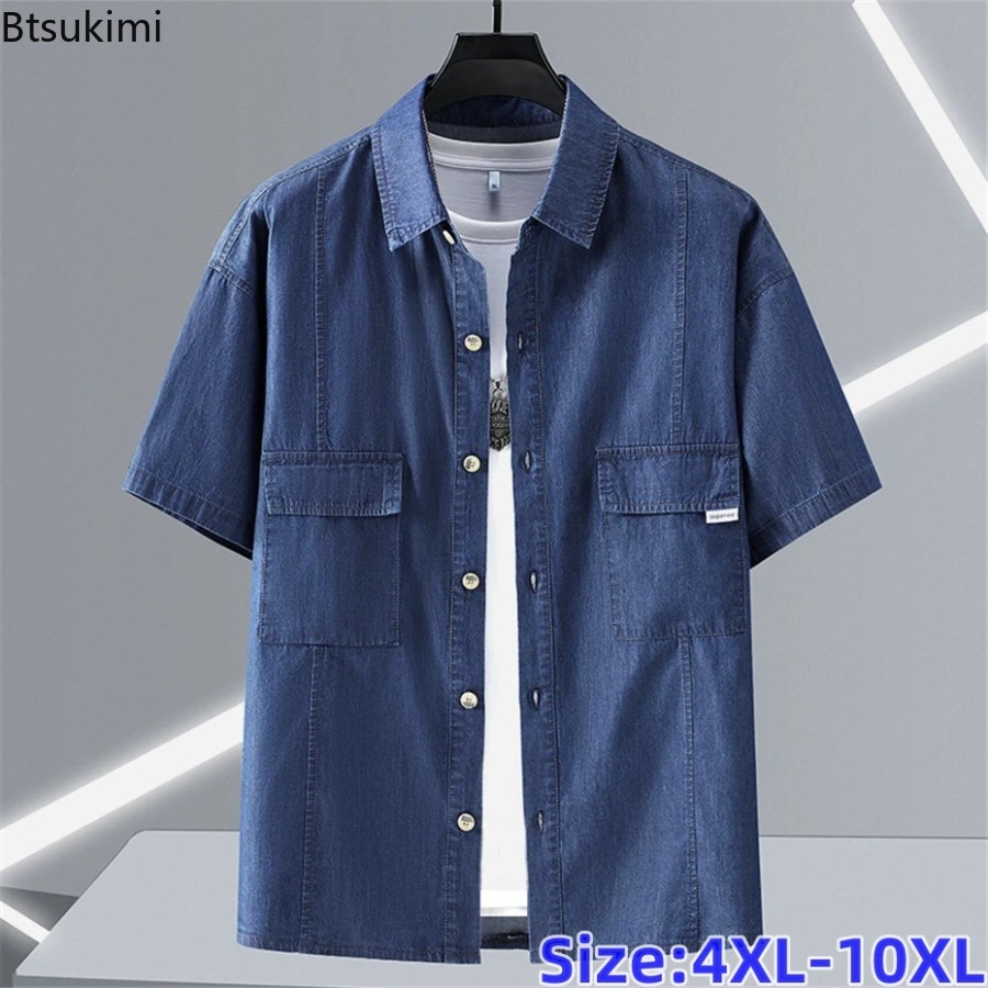 Men'S Fashion For Fat Guys - メンズプラスサイズ純綿デニム半袖シャツオーバーサイズ太め体型向けハーフスリーブトップサマーカジュアルブラウス男性プラスサイズ10XL