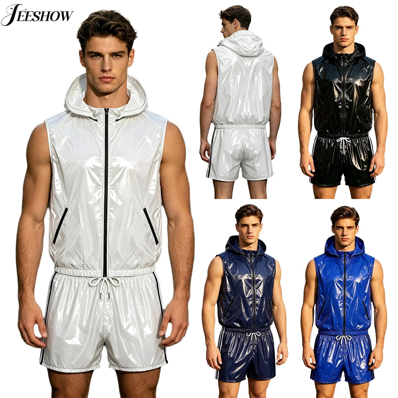 Track Suit Men - メンズ防水スポーツウェアトラックスーツフロントジッパースリーブレスフード付きベスト、ショートパンツ付き、ジムフィットネスワークアウト用