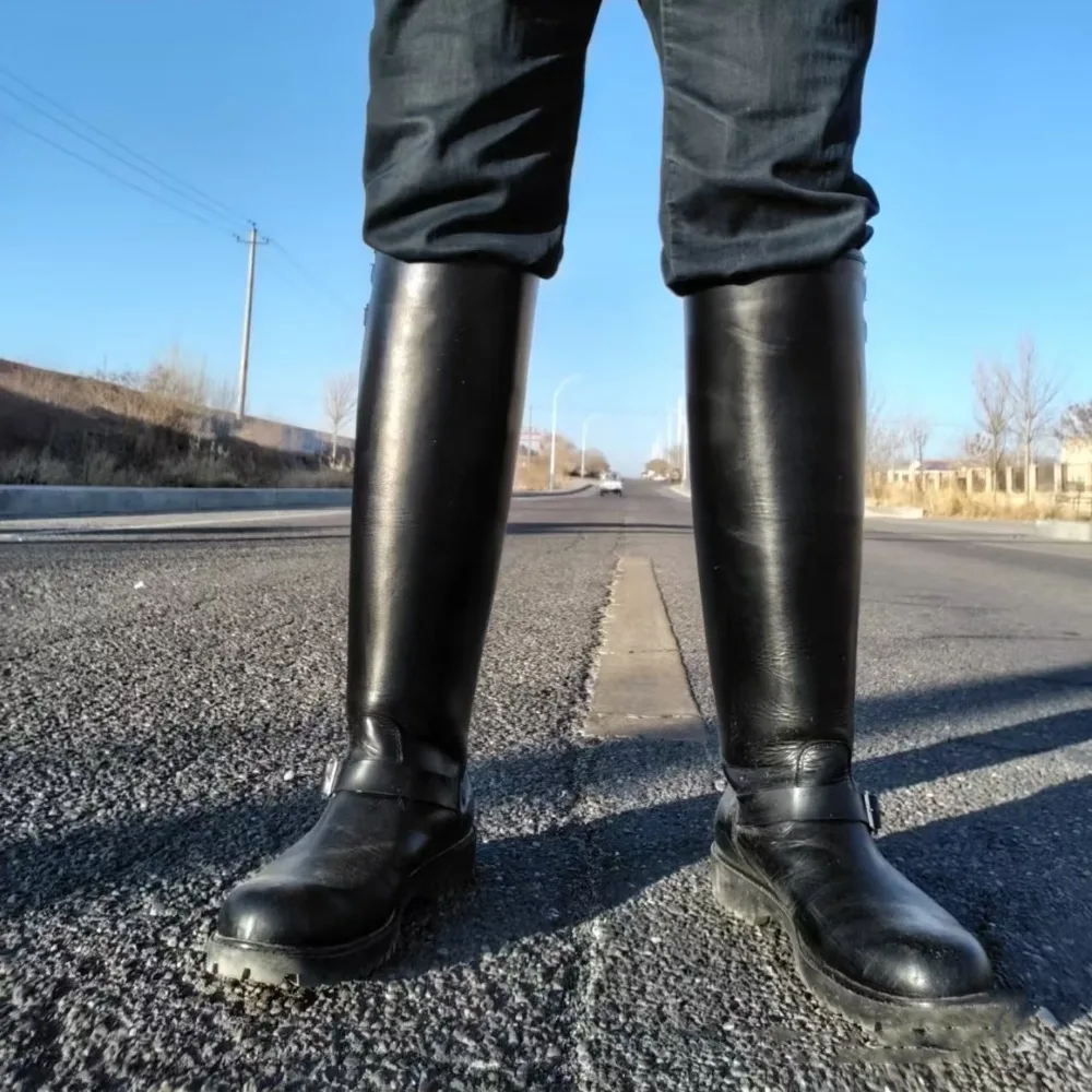 Chelsea Boots Men - ファッションメンズ本革ブリティッシュロングチェルシーブーツニーハイバックルストラップライディングナイトブーツ厚いヒールエンジニアブーツ