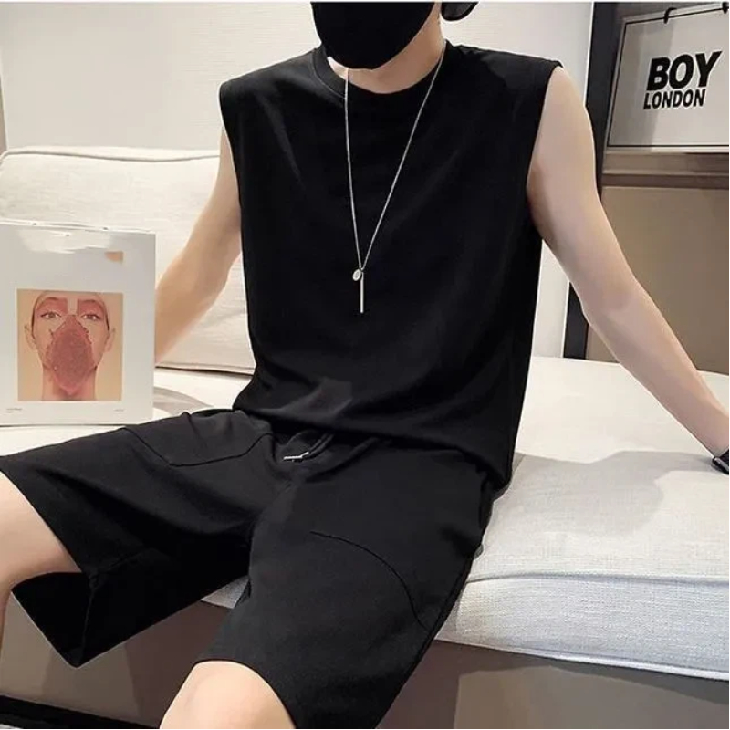 Track Suit Men - メンズソリッドノースリーブタンクトップツーピースセットルーズスポーツカジュアルショーツトラックスーツサマーM〜5XL