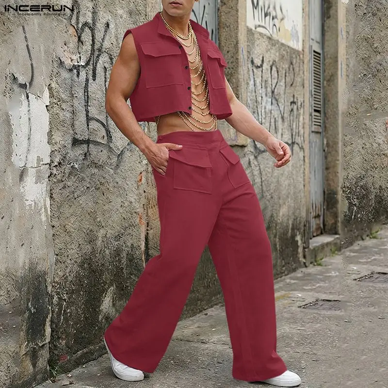 Track Suit Men - INCERUN 男性セット固体ノースリーブクロップトップスシャツパンツ 2 ピースセットストリートルーズ 2026 ファッションメンズマッチングセットトラックスーツ
