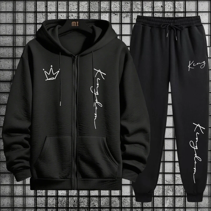Men'S Fashion Zipper Hoodie - キングレタープリントパーカーとスウェットパンツメンズセット秋冬デイリーカジュアルファッションスポーツウェア男性高品質ジッパートラックスーツ