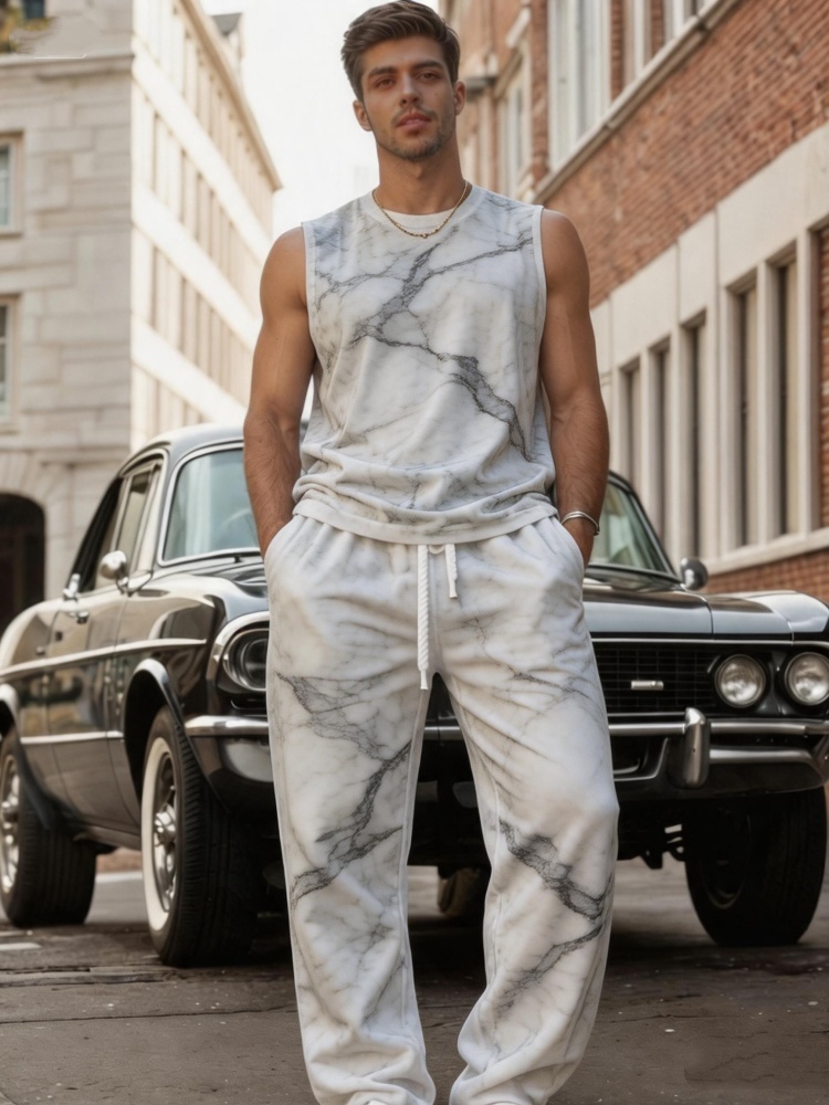 Track Suit Men - メンズ大理石模様プリントノースリーブタンクトップとドローストリングスウェットパンツのツーピースミニマルエレガントなトラックスーツセット