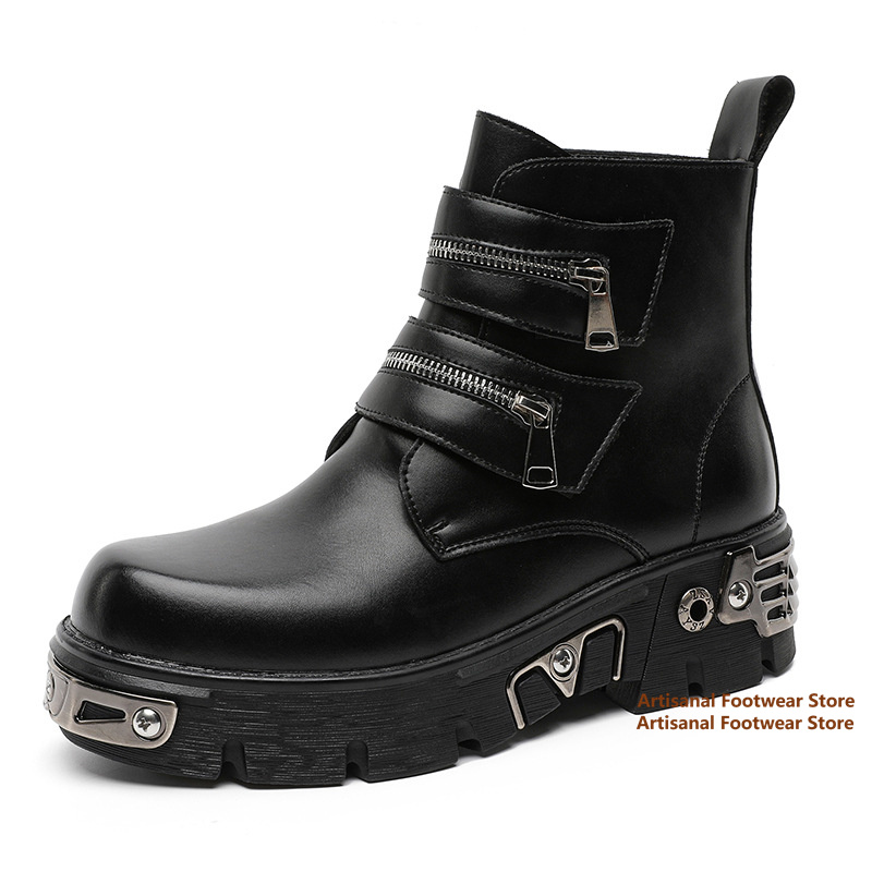 Chelsea Boots Men - マルチジッパーストラップ メタル装飾 パンク モーターサイクルブーツ ゴシック プラットフォーム