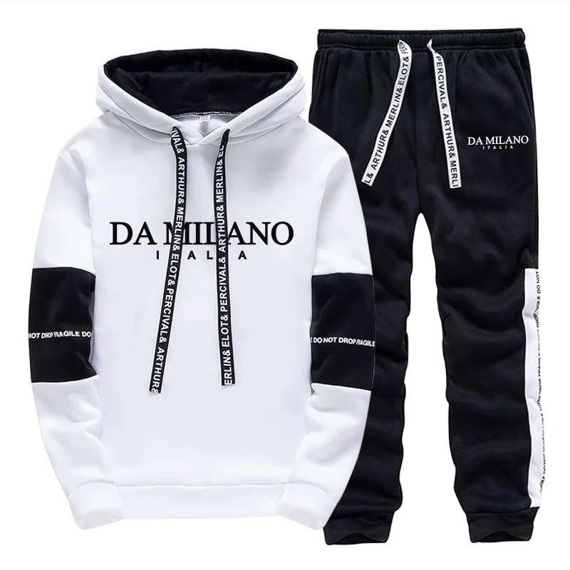 Men'S Fashion Clothing - 黒白秋冬メンズトラックスーツカジュアルフード付きスウェットシャツアウトドアスポーツジョギングウェアファッションシングルフーディーパンツ