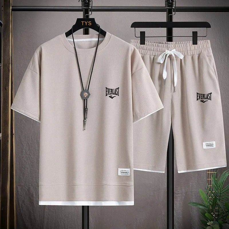 Men'S Fashion Clothing - 2026年ワッフル柄2ピースメンズショートパンツセットサマートラックスーツメンズファッション服原宿スタイルファッションルーズフィットスウェットスーツ