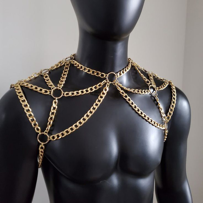 Men'S Fashion Gold Chain - パンク男性ショルダーボディチェーンバックメタルネックレスボディジュエリーアクセサリー夏のビーチパーティーバーコスプレセクシーなデートゴールドシルバー