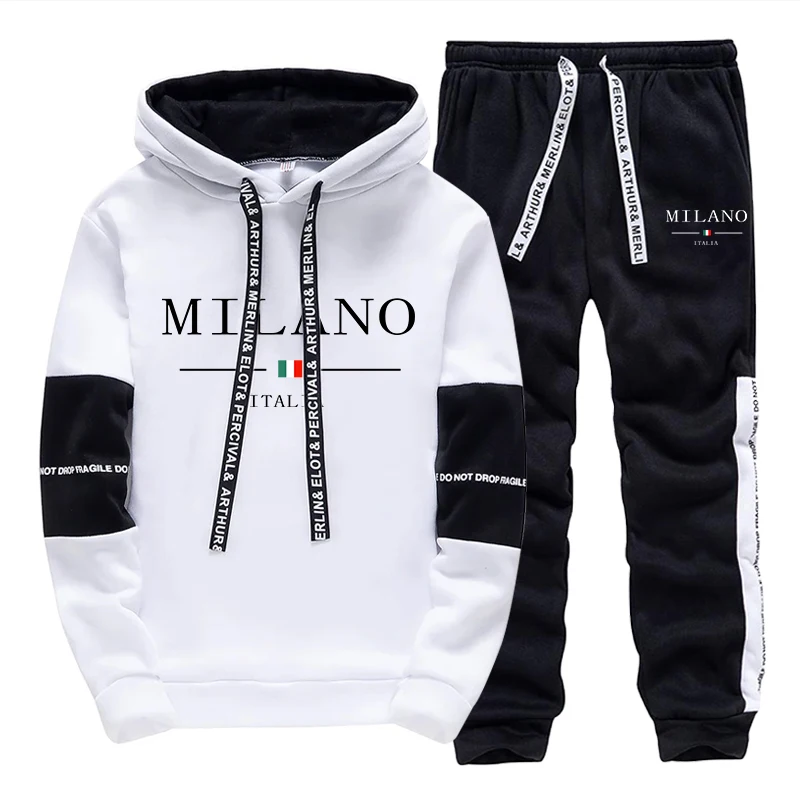 Men'S Fashion Outfits - メンズセット/パーカー/パンツ イタリア風トレンドパーカースポーツウェア outfits 2026年秋 デイリーカジュアルファッション フード付きスウェットシャツとジョガーパンツ