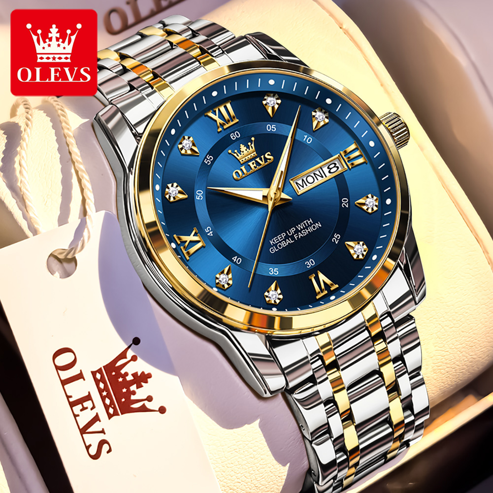 Mens Fashion Week - OLEVS ブランドファッションメンズ腕時計ステンレス鋼防水クォーツ腕時計発光オリジナル腕時計男性用デュアルカレンダー