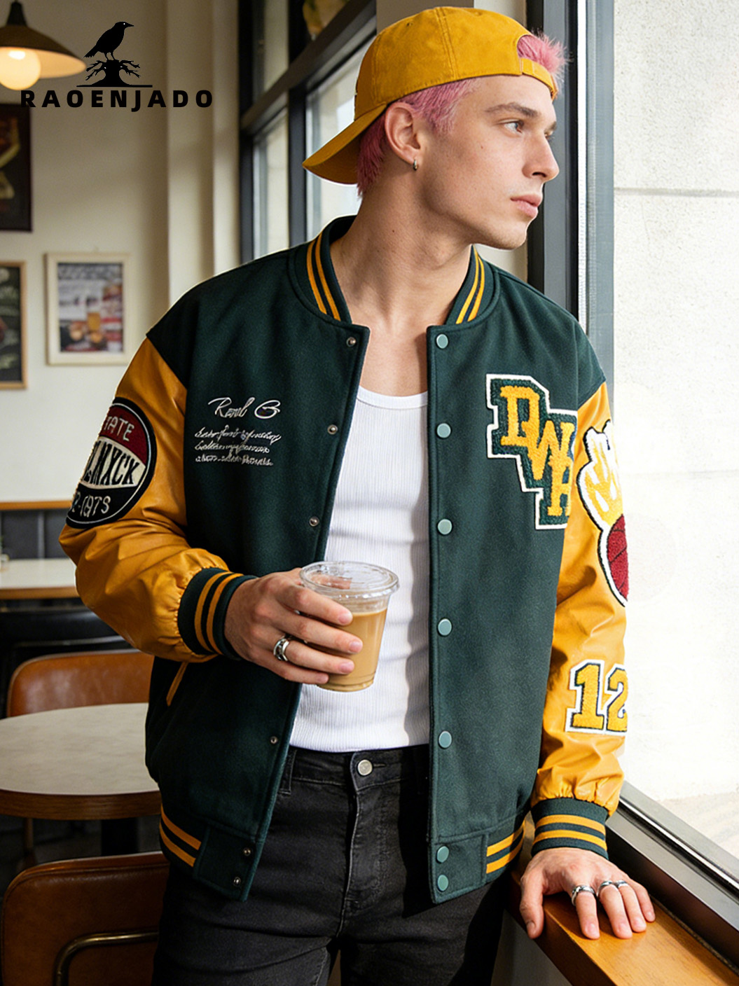 Varsity Jacket Letterman - メンズヴィンテージバーシティジャケット、レーシングスタイル、レターマンベースボールコート、オートバイストリートウェア、フェイクレザースリーブ付きアウターウェア