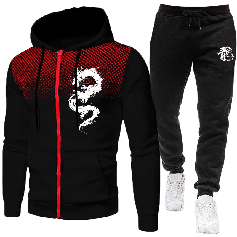 Men'S Fashion Zipper Hoodie - メンズパリドラゴン柄ファッションプリントセットアップ ツーピースセット パーカーと暖かいパンツ 冬用シンプルパーカーセット クリアランス メンズ服