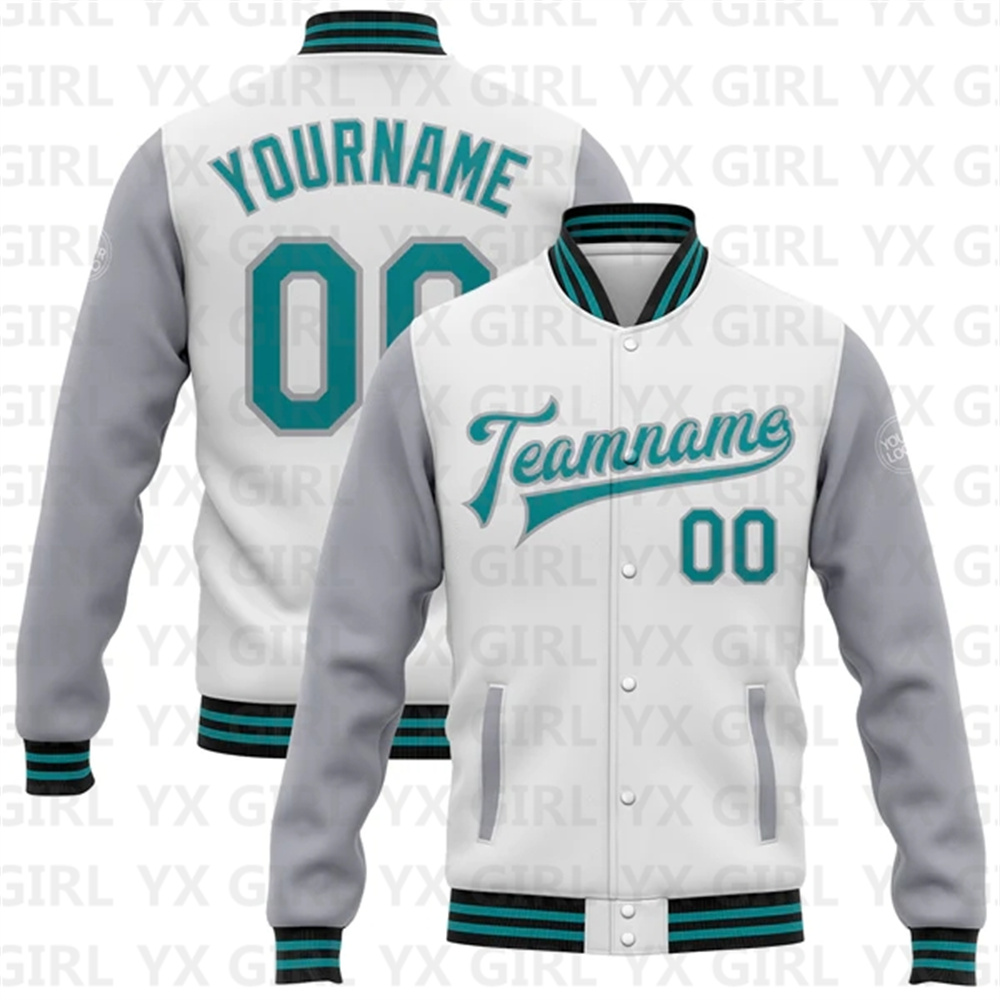 Varsity Jacket Letterman - カスタムボンバーフルスナップバーシティジャケット、2トーンジャケット、野球ボタン、3D、ホワイト、ティール、グレー-ブラック、バーシティレター