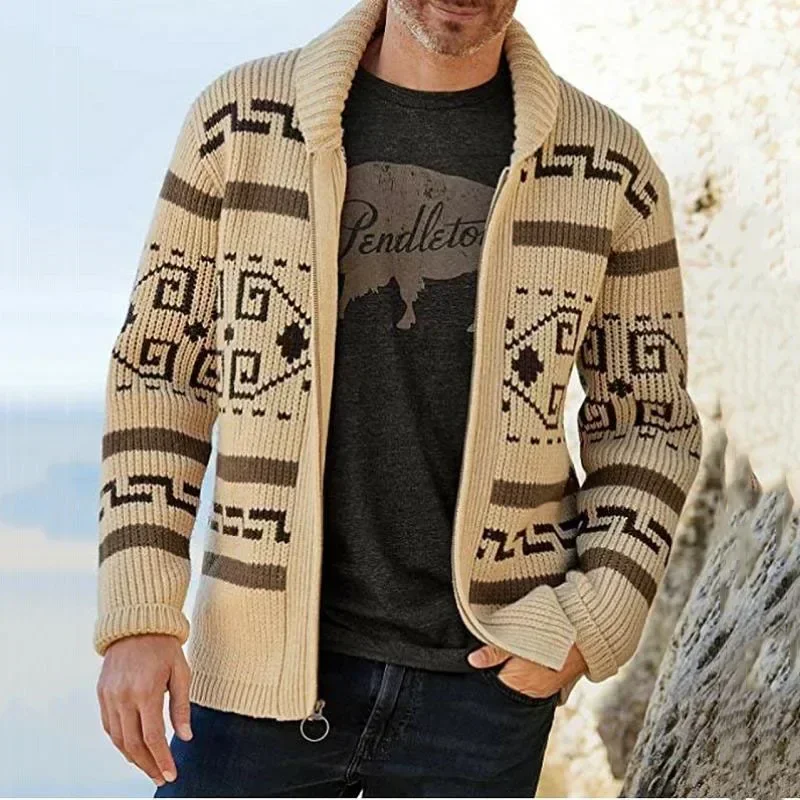 Men'S Fashion V Neck Sweater - メンズ冬のセーターカーディガンヴィンテージジャカードニットショールカラージッパーカジュアル厚手ニットジャージーファッションニットジャケット
