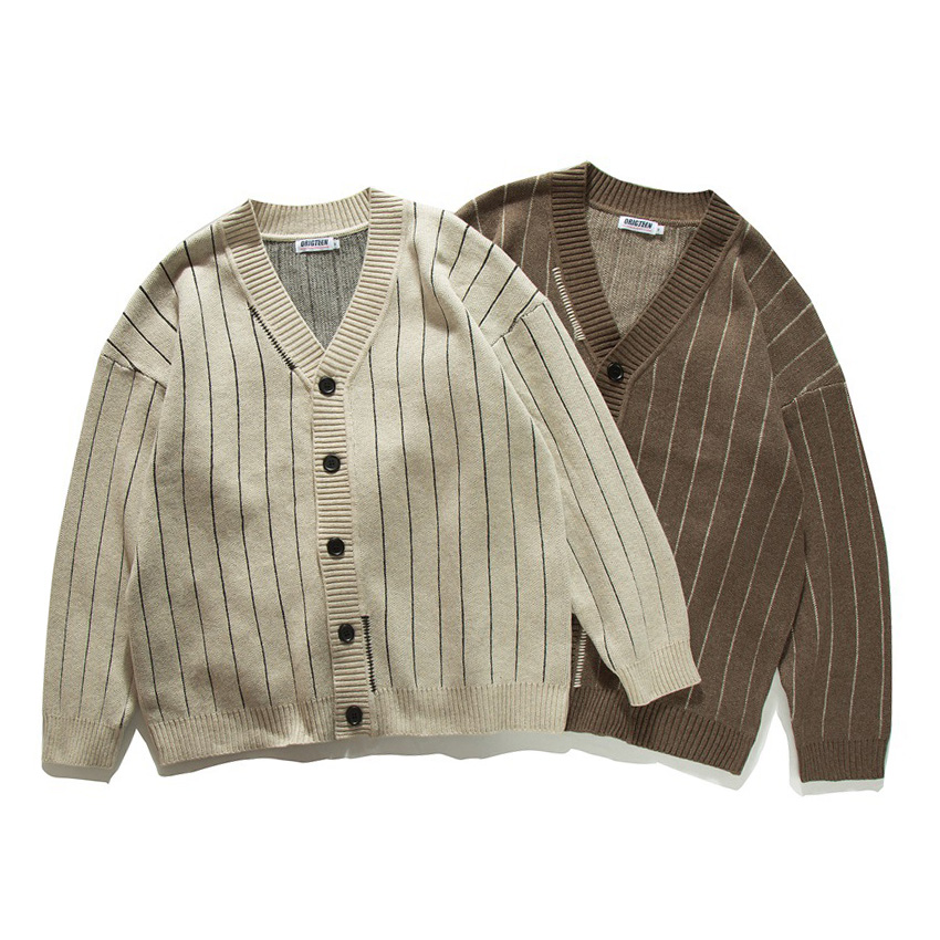 Men'S Fashion V Neck Sweater - 春秋のストライプカーディガンセーター男性ファッションヴィンテージルーズカジュアルニットセータージャケットニットコート