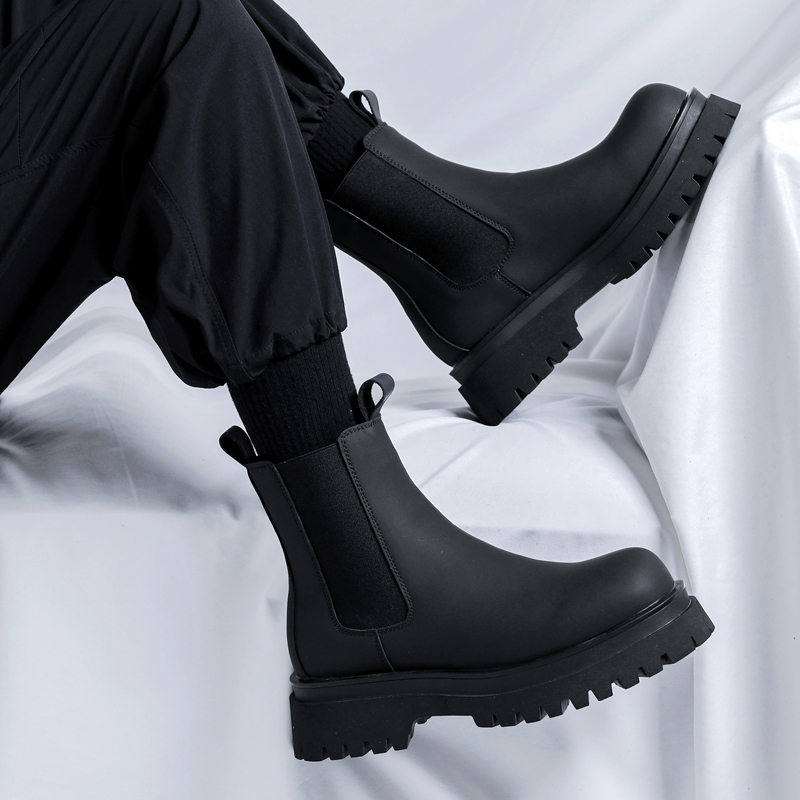 Chelsea Boots Men - 2026プラットフォームブラックハイカットブーツ メンズ ハイヒール 本革 アンクルチェルシーブーツ メンズ