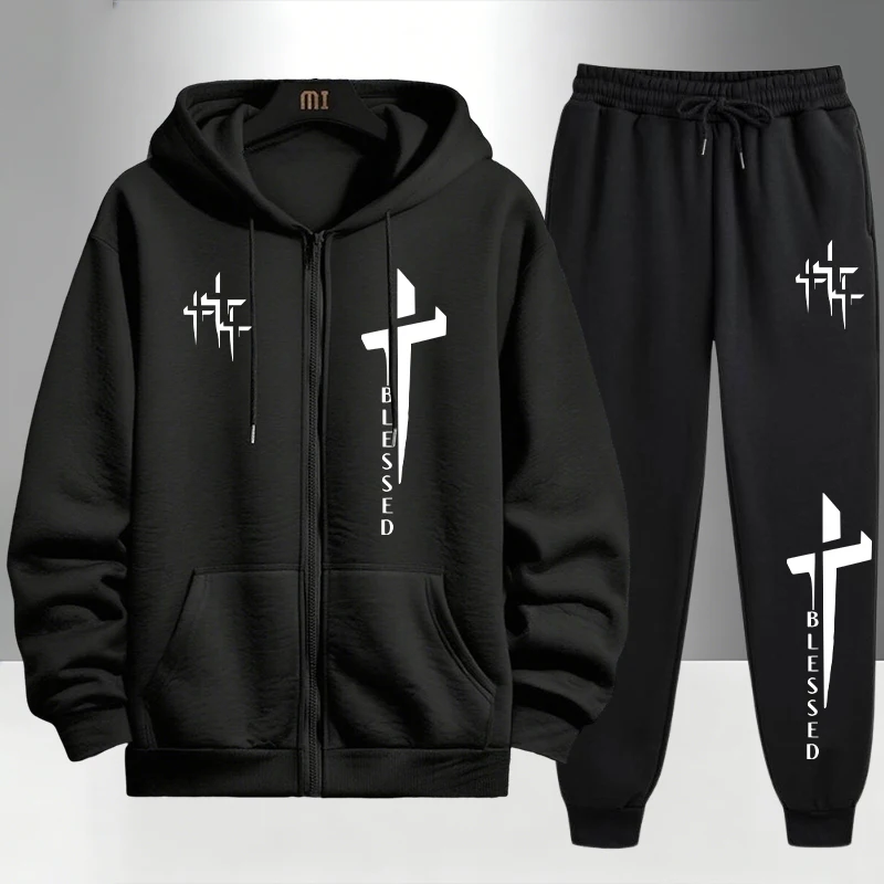 Men'S Fashion Zipper Hoodie - クロスブレスドプリントトラックスーツ メンズ ジップアップパーカーと黒のスウェットパンツ アーバンカジュアルファッション フーディーアウターウェアセット