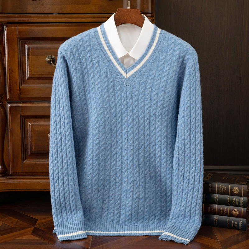 Men'S Fashion V Neck Sweater - 秋と冬の新しい厚みのある100％ピュアカシミヤセーターメンズVネックジャカードニットトップス暖かいファッションレジャーユースプルオーバー