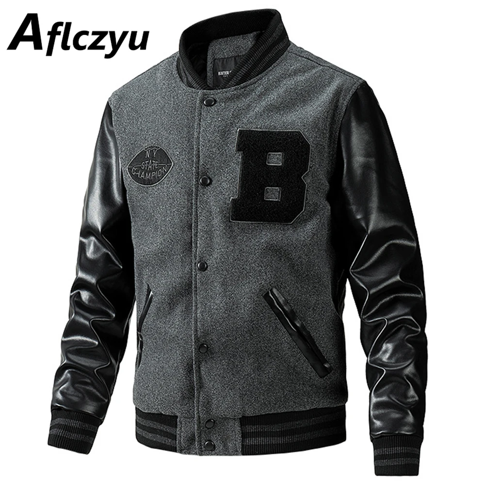 Varsity Jacket Letterman - メンズPUスリーブジャケット,厚手のコート,カジュアル,刺embroidery文字,野球,秋,冬