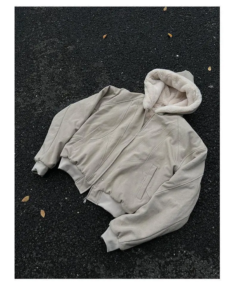 Men'S Fashion Zipper Hoodie - アメリカの2000年代ヴィンテージサブカルチャー、カーキウールライナー付きプラッシュウォームポケットフーディージャケット、男女兼用レトロファッションキルティングコート