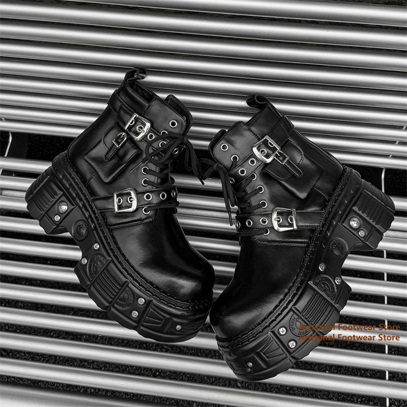 ブラックポケット装飾アンクルブーツ リベットバックルストラッ - Chelsea Boots Men のレビューと価格
