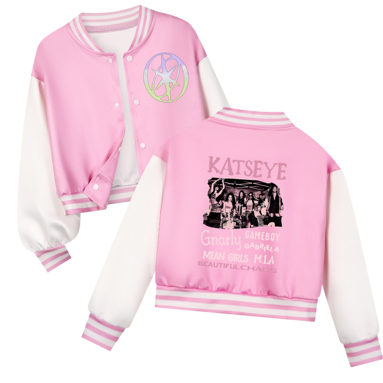 KATSEYE プリントキッズショートベースボールジャケット - Varsity Jacket Letterman のレビューと価格