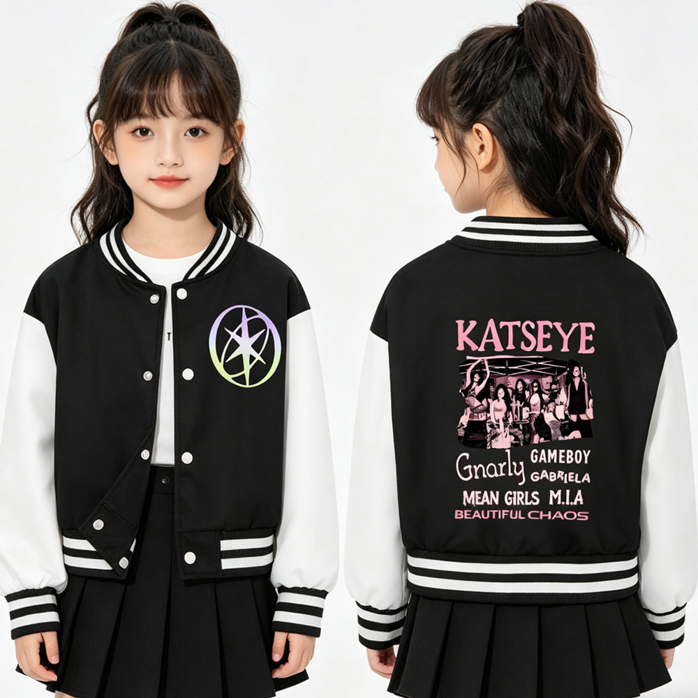 KATSEYE プリントキッズショートベースボールジャケット - Varsity Jacket Letterman のレビューと価格