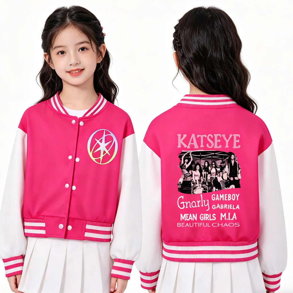 KATSEYE プリントキッズショートベースボールジャケット - Varsity Jacket Letterman のレビューと価格