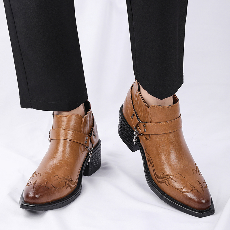 新しいブラウン/ブラック牛革ブーツ金属チェーンデザインメンズ - Chelsea Boots Men のレビューと価格