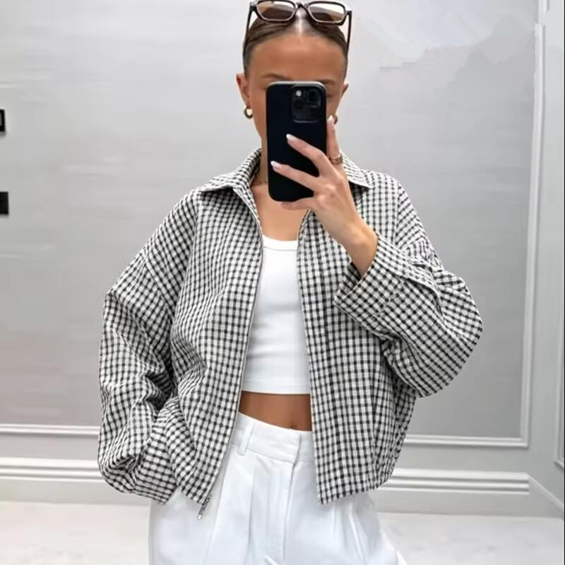 チェック柄ボンバージャケット女性デミシーズン長袖カジュアルク - Varsity Jacket Letterman のレビューと価格