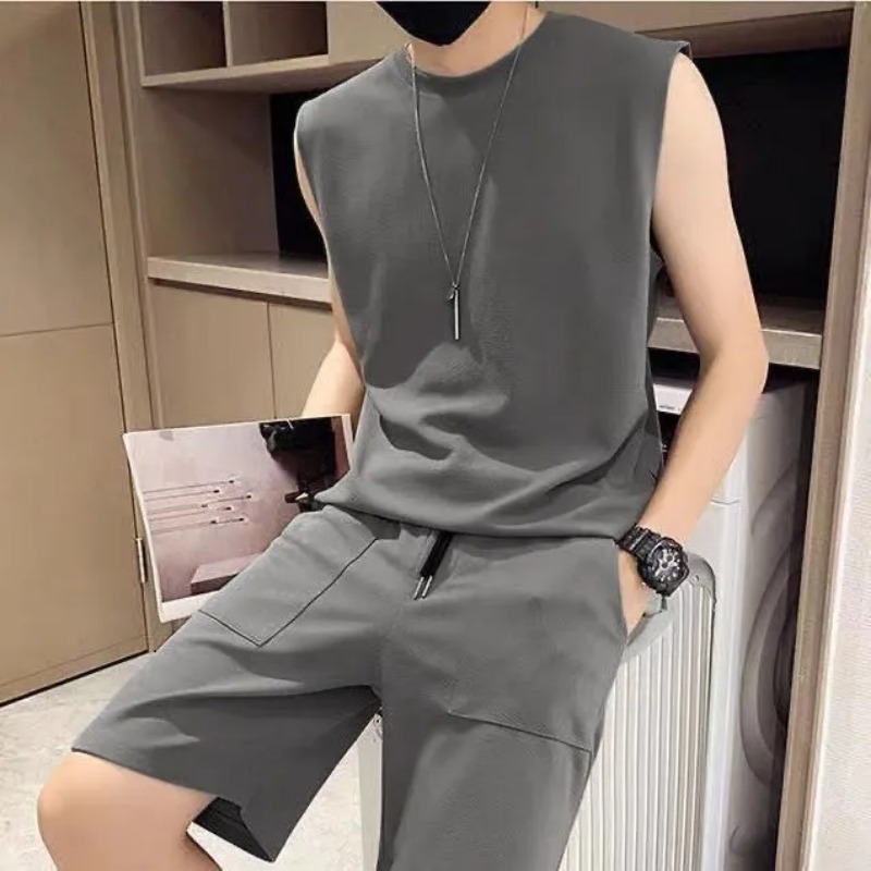 メンズソリッドノースリーブタンクトップツーピースセットルーズ - Track Suit Men のレビューと価格