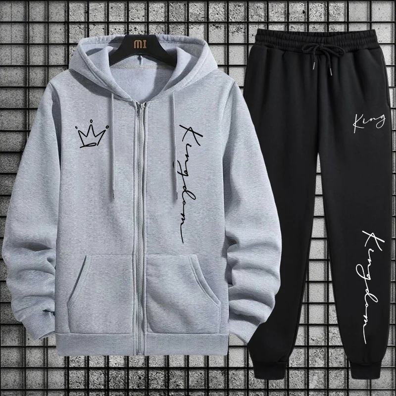 キングレタープリントパーカーとスウェットパンツメンズセット秋 - Men'S Fashion Zipper Hoodie のレビューと価格