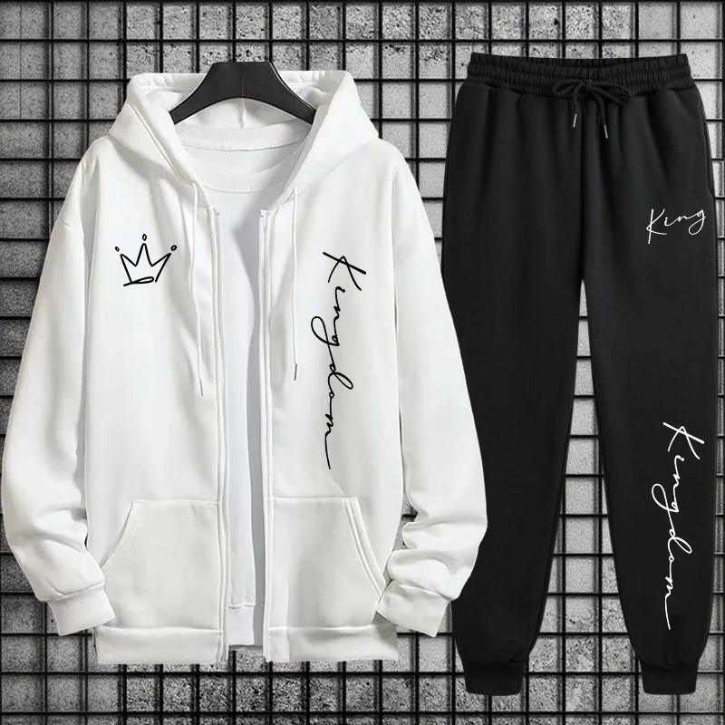 キングレタープリントパーカーとスウェットパンツメンズセット秋 - Men'S Fashion Zipper Hoodie のレビューと価格