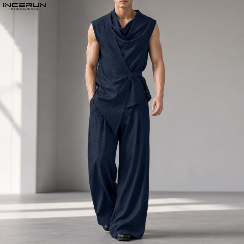 INCERUN 男性セット無地ノースリーブ不規則なシャツパン - Track Suit Men のレビューと価格