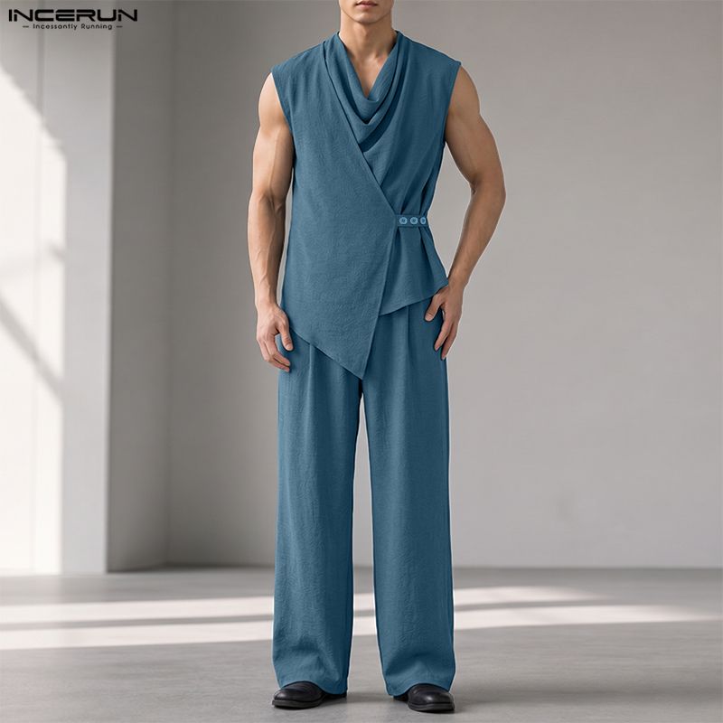 INCERUN 男性セット無地ノースリーブ不規則なシャツパン - Track Suit Men のレビューと価格